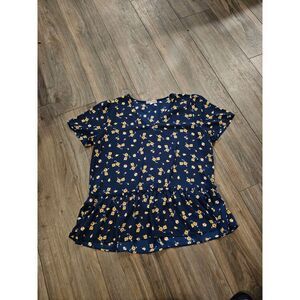 Pleione Navy‎ and Yellow Floral Blouse Women's Size Large